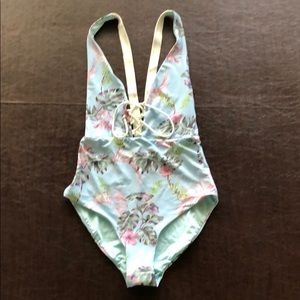 Onia Iona one piece swimsuit. Monstera sky blue